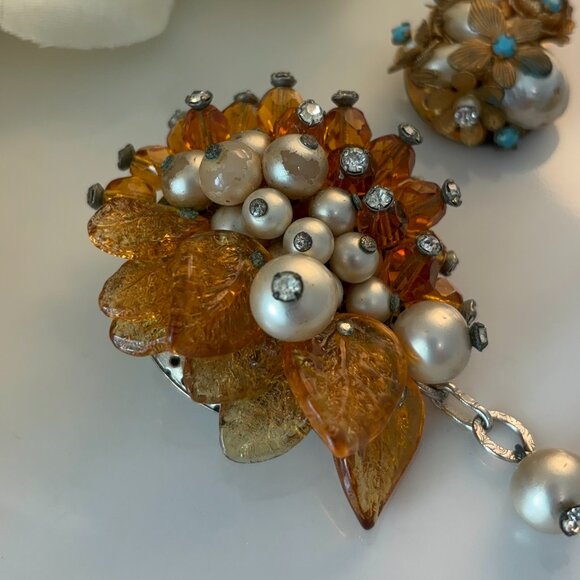 HASKILL-STYLE VINTAGE RHINESTONE BEADED BROOCH & EARRINGS - Picture 7 of 10